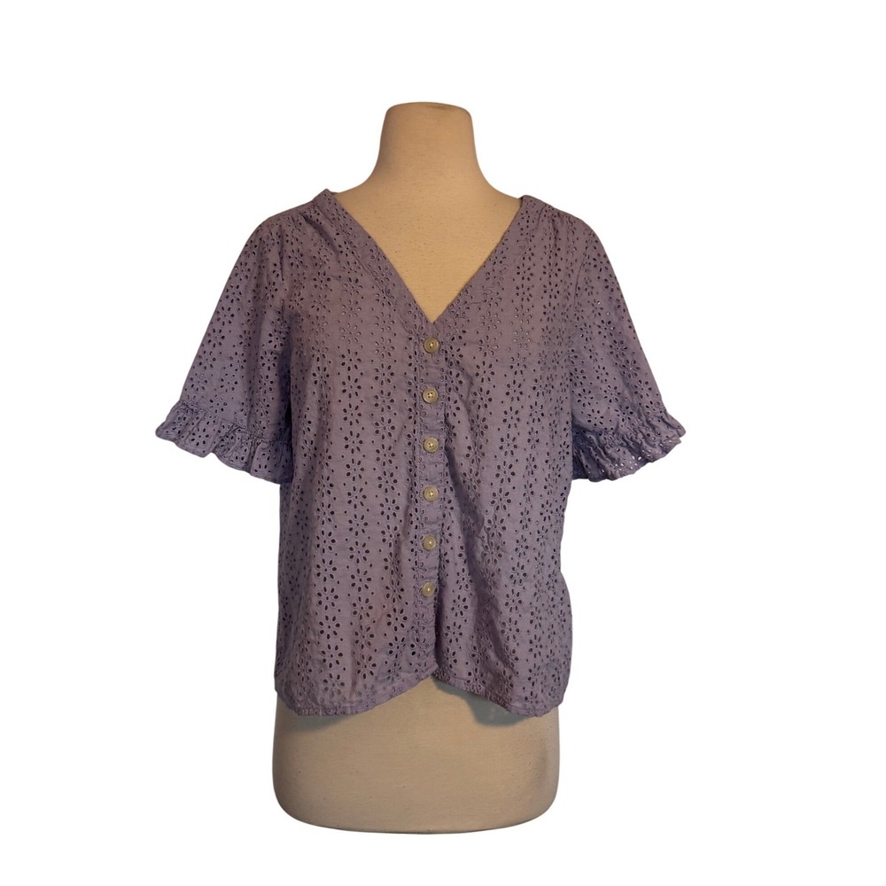 Madewell Lavender Purple Eyelet Button Front Top Ruffle Sleeve V-Neck Cotton